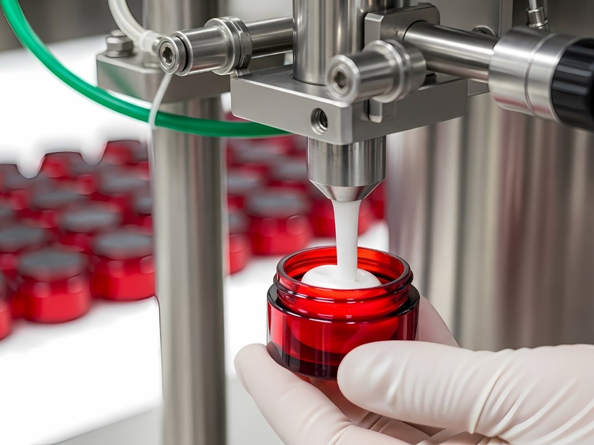 Gloved hand holding a cosmetic jar under a stainless-steel filling nozzle