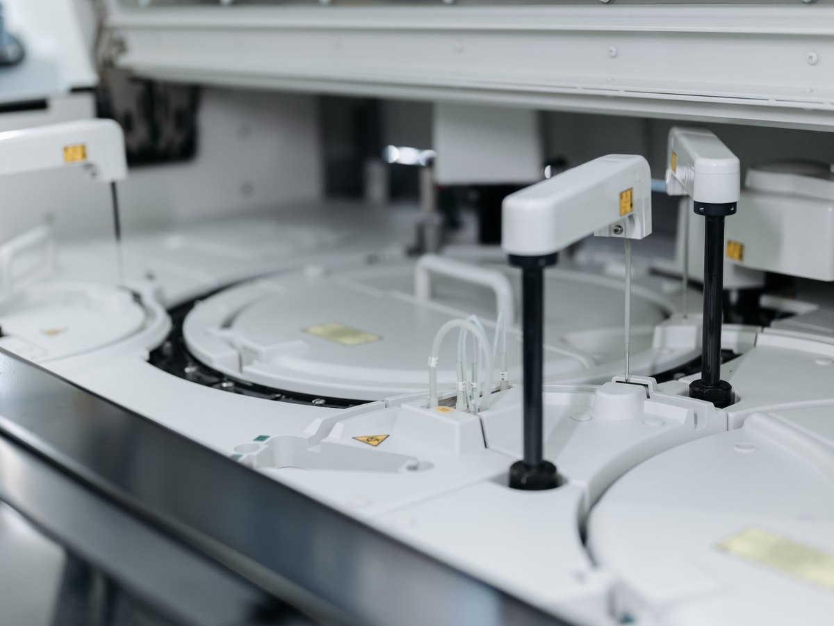 Close-up of diagnostic laboratory analyser components