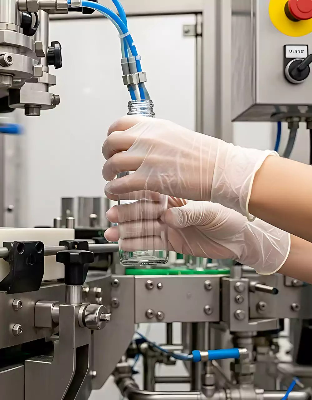 Gloved hands positioning a bottle at filling equipment