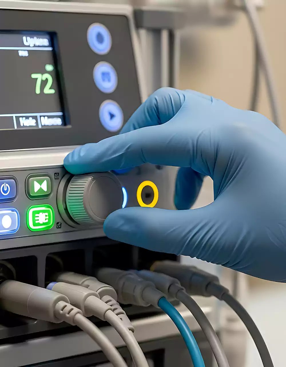 Gloved hand adjusting controls on medical equipment